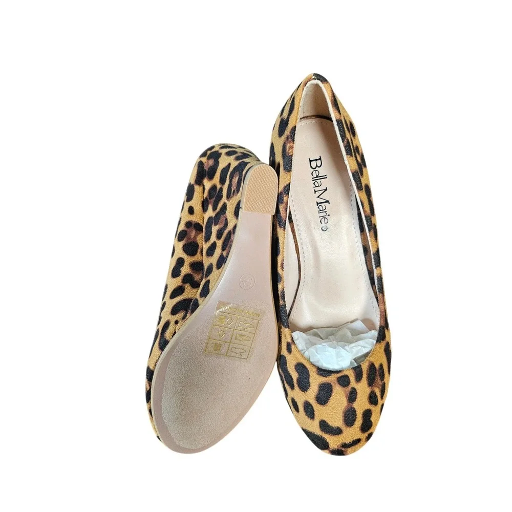 Bella Marie Wedge Pumps Women 5.5 Leopard Brown Excellent Animal Print NINE-5U